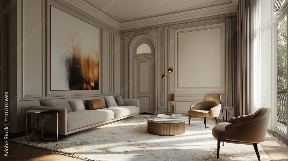 Fototapeta premium Elegant modern living room with stylish furniture and natural light.