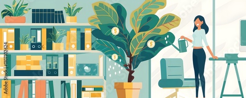 Woman Nurturing A Money Growing Plant In Her Office