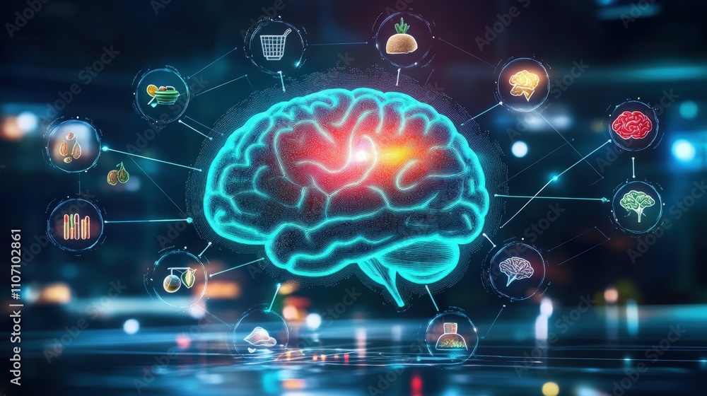 A bright, glowing brain with icons for healthy foods like fruits, vegetables, and nuts surrounding it, promoting nutrition for mental health. A bright, glowing brain with icons for healthy foods like fruits, vegetables, and nuts surrounding it, promoting nutrition for mental health.