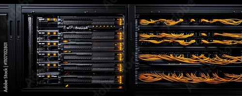 A futuristic data center with neatly organized fiber optic cables and glowing connectors