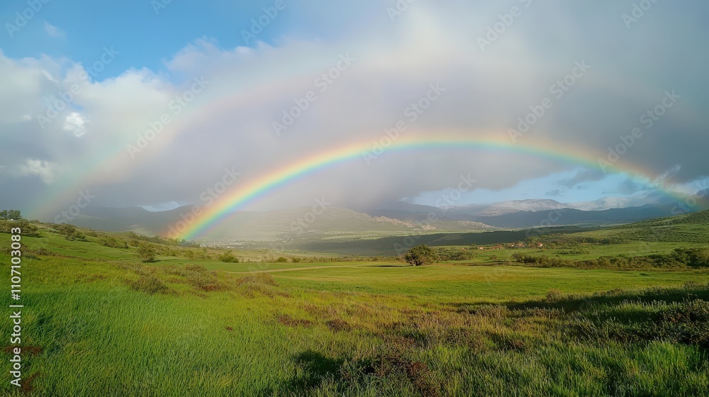 Naklejka premium A bright rainbow over a green field after a rainstorm, representing hope and the inspiration to embrace change