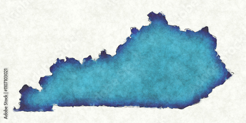 Kentucky USA map with drawn lines and blue watercolor illustration