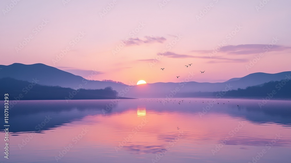 Fototapeta premium A calm and tranquil river landscape with the sun setting behind distant hills.