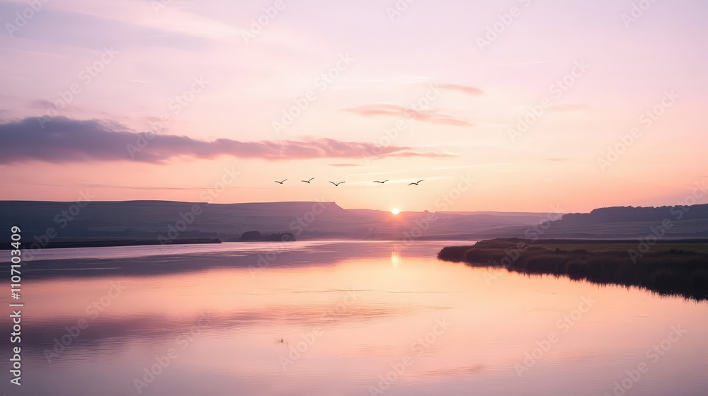 Naklejka premium A calm and tranquil river landscape with the sun setting behind distant hills.