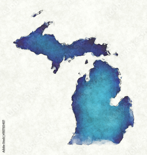 Michigan USA map with drawn lines and blue watercolor illustration