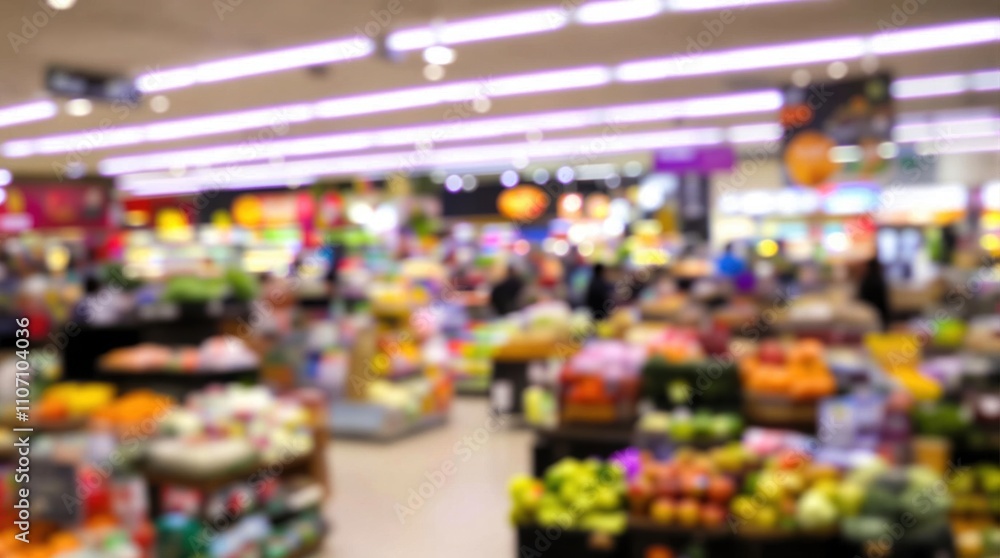 Blurry view of a bustling supermarket aisle in a modern shopping mall, vibrant shelves with products, hyperrealistic 4K photo Blurry view of a bustling supermarket aisle in a modern shopping mall, vibrant shelves with products, hyperrealistic 4K photo