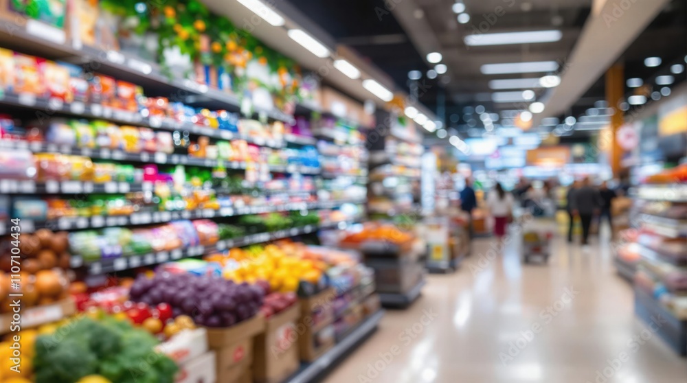 Blurry view of a bustling supermarket aisle in a modern shopping mall, vibrant shelves with products, hyperrealistic 4K photo Blurry view of a bustling supermarket aisle in a modern shopping mall, vibrant shelves with products, hyperrealistic 4K photo