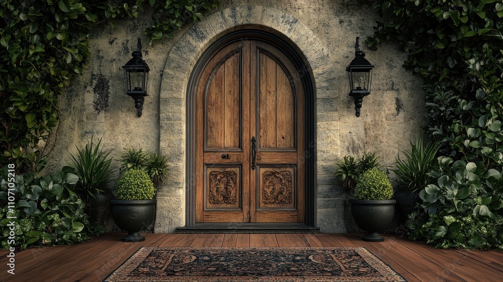 Ornate wooden door in stone archway, flanked by greenery and lanterns, with a rug on a wooden porch. Ornate wooden door in stone archway, flanked by greenery and lanterns, with a rug on a wooden porch.