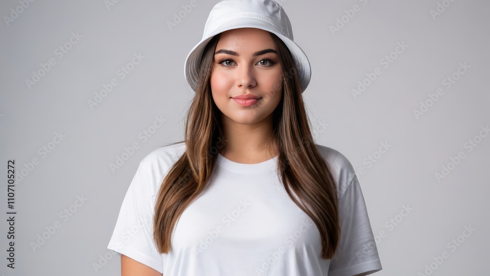 Plus size young woman wearing white t-shirt and white bucket hat isolated on grey background Plus size young woman wearing white t-shirt and white bucket hat isolated on grey background