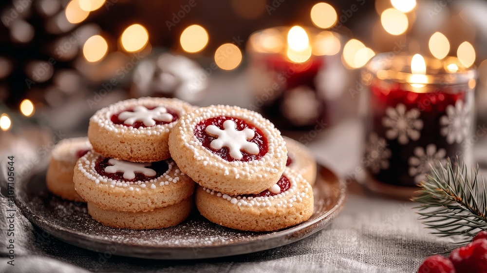 Creative linzer cookies with festive cut-outs, filled with red raspberry jam, set on a rustic tablecloth, detailed and cozy close-up shot. linzer cookies, festive, baking details Creative linzer cookies with festive cut-outs, filled with red raspberry jam, set on a rustic tablecloth, detailed and cozy close-up shot. linzer cookies, festive, baking details