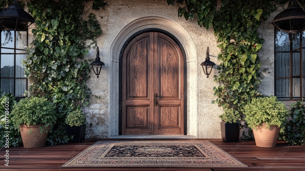 Fototapeta premium Rustic stone house entrance with arched wooden door, plants, and rug.
