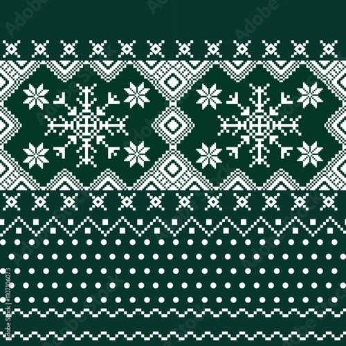 Christmas and New Year green and white seamless pattern, pixel pattern in green and white with Nordic snowflakes for winter hats, Scandinavian Norwegian Sweater, jumpers, wallpaper, paper or other des