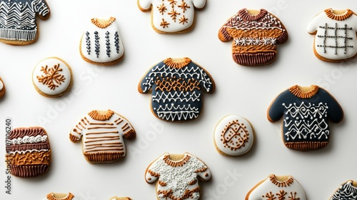 Creative ugly sweater cookies decorated with vibrant icing, intricate patterns, and holiday symbols, set against a white background photo