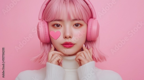 asian girl with headphones on pink background korean style k-pop