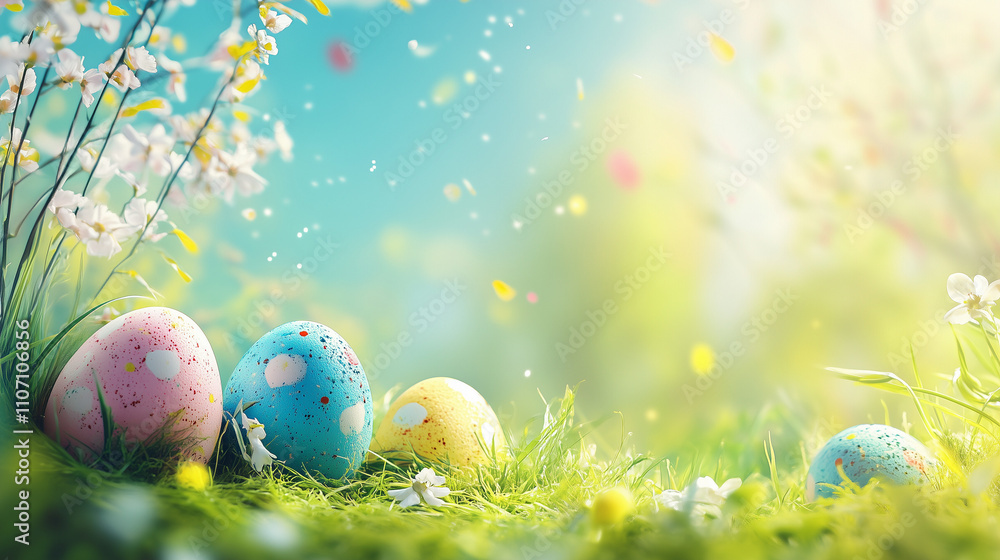 beautiful Easter banner in bright colors, Easter eggs, realistic photo, copy space for text beautiful Easter banner in bright colors, Easter eggs, realistic photo, copy space for text
