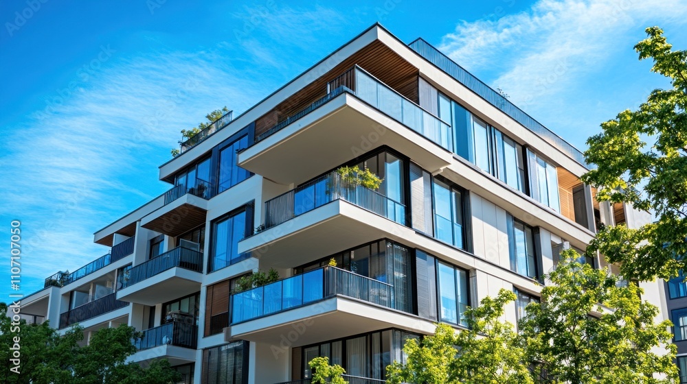 Fototapeta premium A modern apartment building with balconies against the blue sky