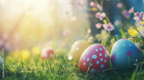 beautiful Easter banner in bright colors, Easter eggs, realistic photo, copy space for text 