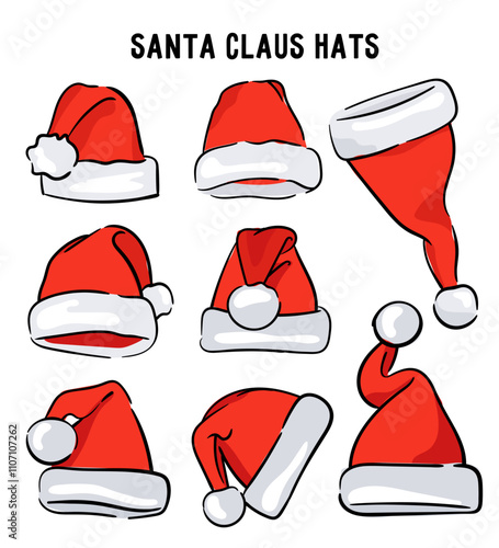 Christmas Santa Claus hats with fur set hand drawn.