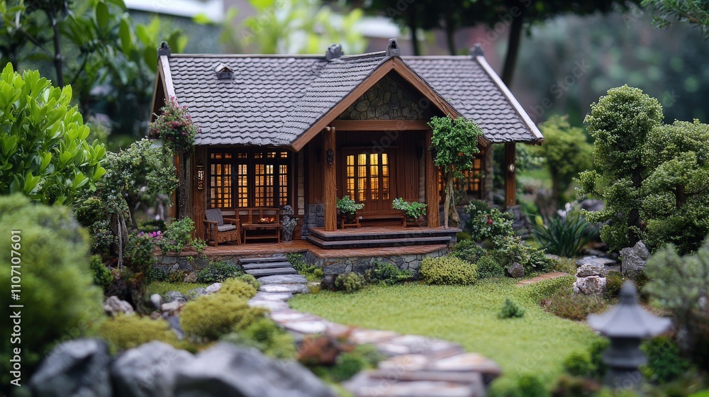 A cozy countryside house model surrounded by lush greenery and natural elements A cozy countryside house model surrounded by lush greenery and natural elements
