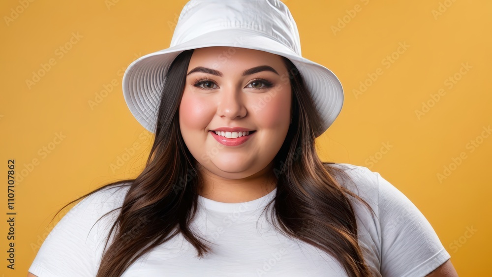 Plus size young woman wearing white t-shirt and white bucket hat isolated on yellow background Plus size young woman wearing white t-shirt and white bucket hat isolated on yellow background