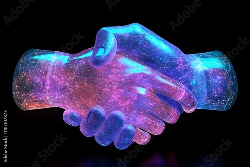 A digital handshake that is supposed to symbolize the cooperation between humans and robots, glowing blue and purple photo