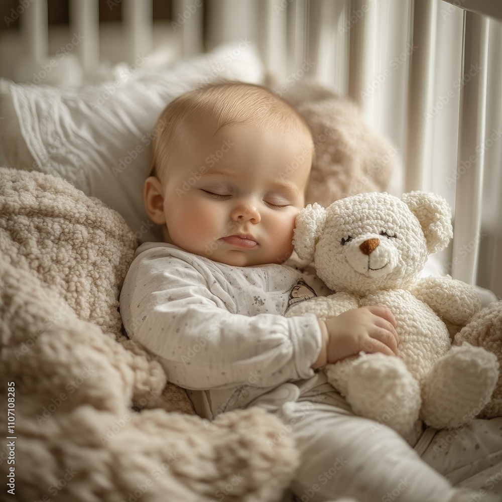 A peaceful baby sleeps soundly in a cozy crib, cuddling a soft teddy bear amidst fluffy blankets, radiating warmth and innocence. A peaceful baby sleeps soundly in a cozy crib, cuddling a soft teddy bear amidst fluffy blankets, radiating warmth and innocence.