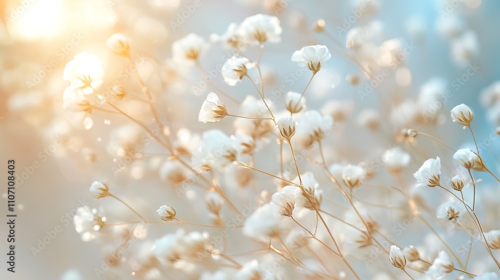 Macro close-up of delicate dry little white gypsophila flowers with soft natural lighting and intricate petal details Macro close-up of delicate dry little white gypsophila flowers with soft natural lighting and intricate petal details