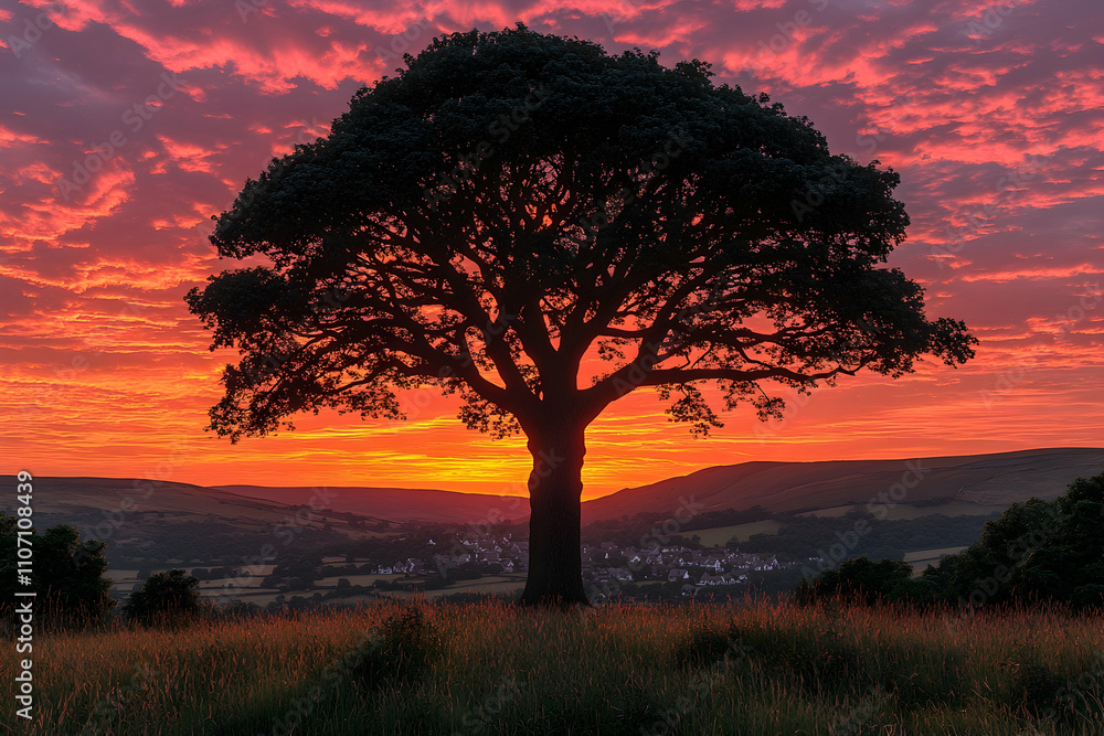 Silhouette of a large tree at sunset over a valley. Silhouette of a large tree at sunset over a valley.