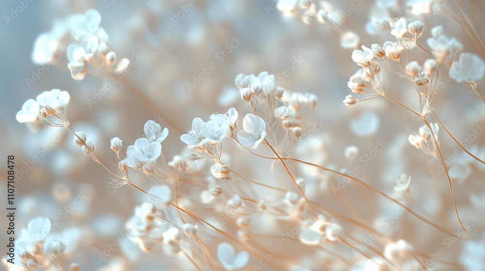 Fototapeta premium Macro close-up of delicate dry little white gypsophila flowers with soft natural lighting and intricate petal details