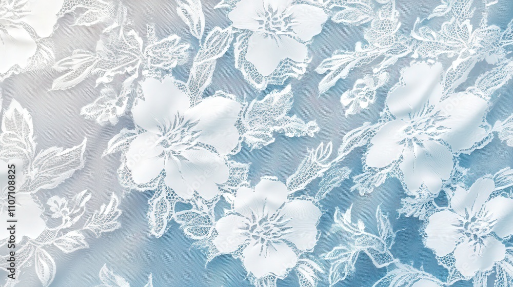 A delicate lace fabric pattern featuring intricate floral designs in white on a soft pastel background. A delicate lace fabric pattern featuring intricate floral designs in white on a soft pastel background.