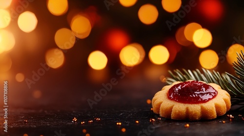 Detailed close-up of a single thumbprint cookie with glossy red jam filling, festive background elements, warm tones and holiday cheer photo