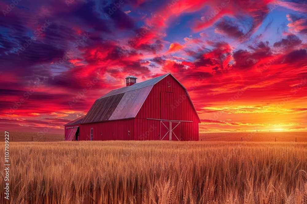 Barn In Field. Palouse Region Sunset Over Wheat Field with Vibrant Sky Barn In Field. Palouse Region Sunset Over Wheat Field with Vibrant Sky