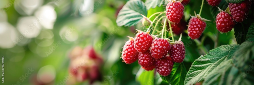 Berries Growing. Branch of Fresh Raspberries in a Natural Garden Setting Berries Growing. Branch of Fresh Raspberries in a Natural Garden Setting