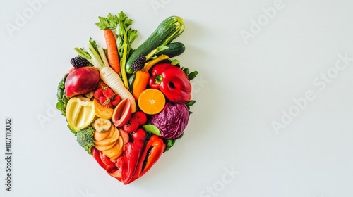 Fototapeta Naklejka Na Ścianę i Meble -  A human heart made of vegetables and fruits on a white background, Creative and health-conscious style, photo of