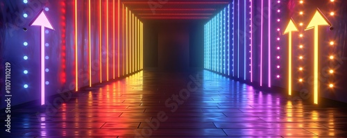 Neon Lit Corridor With Upward Arrows Guiding The Way