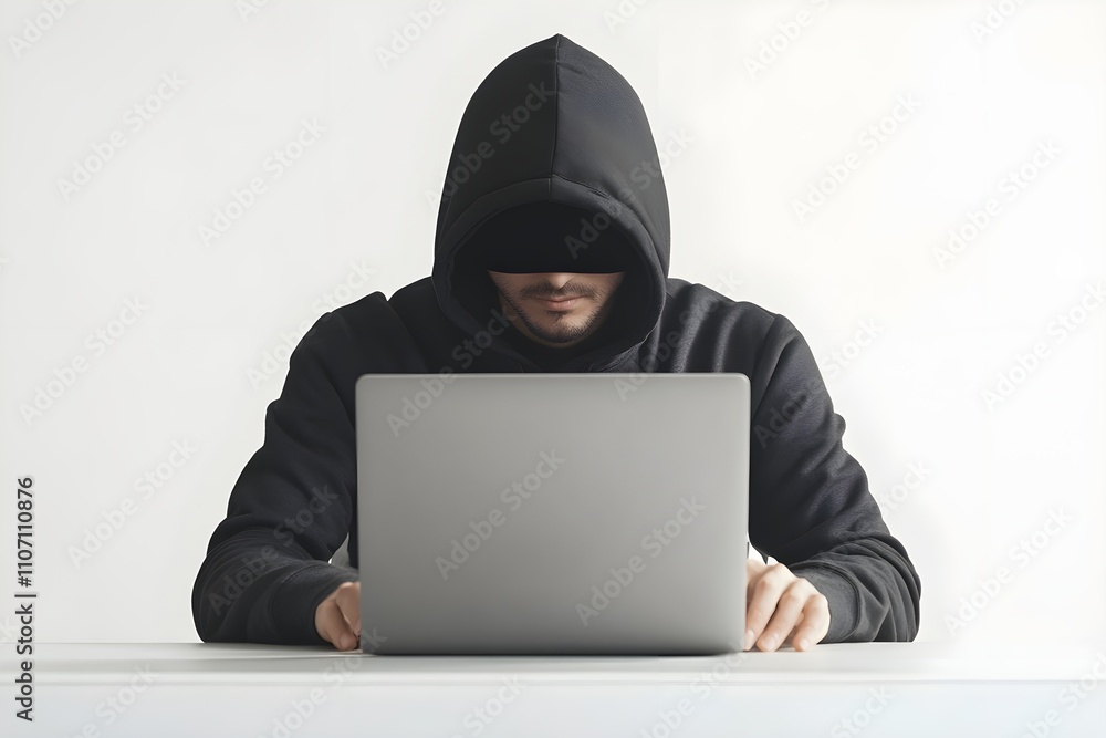 A hacker in a black hoodie with their face hidden is sitting at a sliver laptop and typing on the keyboard A hacker in a black hoodie with their face hidden is sitting at a sliver laptop and typing on the keyboard