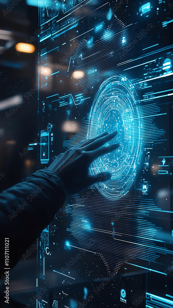Obraz premium AI disruption make transformation happen, A hand interacting with a glowing digital interface in a futuristic setting.