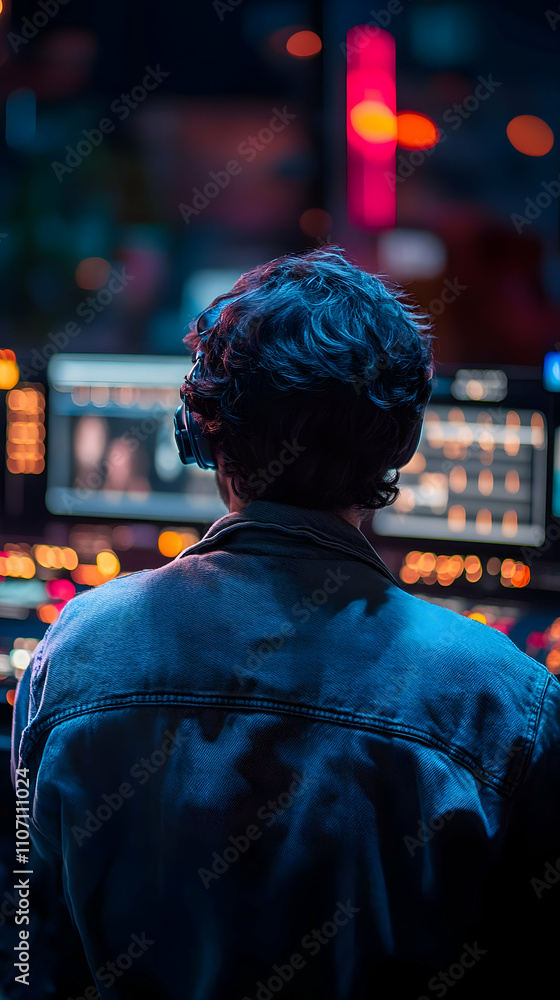Fototapeta premium A person with headphones monitors screens in a dimly lit, colorful environment.