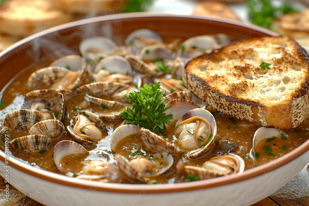 Steaming bowl of delicious clam chowder with toasted bread. Steaming bowl of delicious clam chowder with toasted bread.