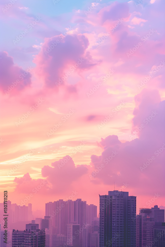Fototapeta premium Pastel Sunset Over the City-Scape: A Serene Blend of Modern Architecture & Soft Dreamy Tumblr Aesthetics