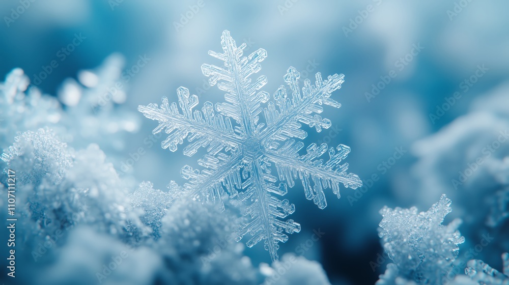 Crystal-Clear Snowflake on Frosty Surface with Soft Blue Background - made with Generative AI Crystal-Clear Snowflake on Frosty Surface with Soft Blue Background - made with Generative AI