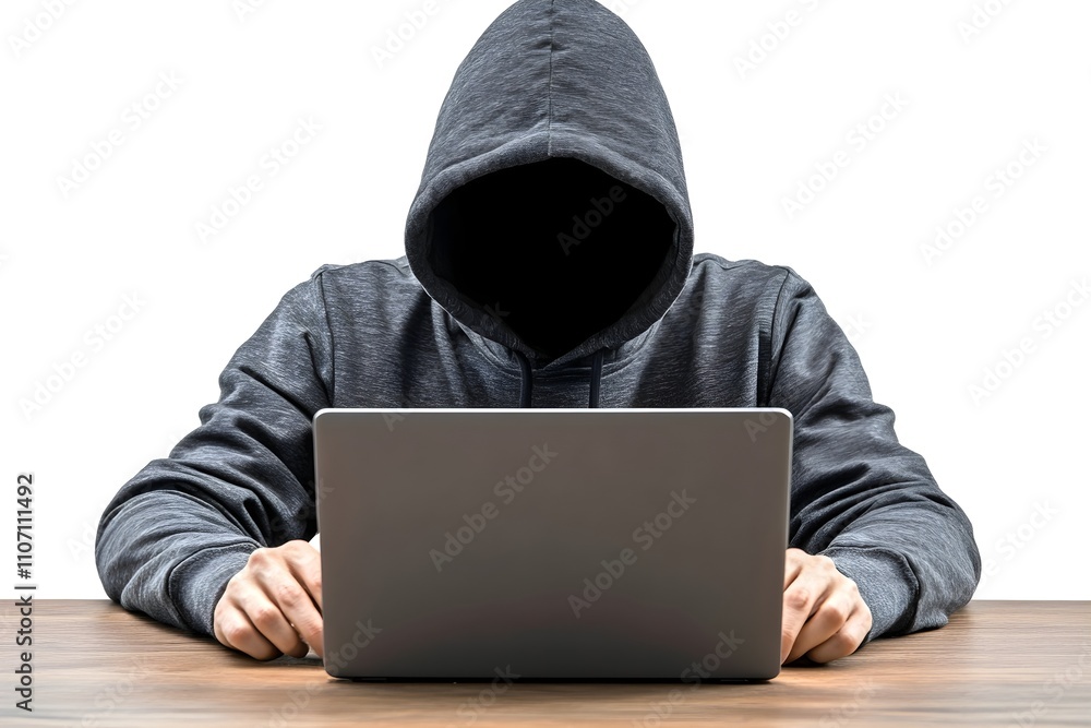 A hacker in a black hoodie with their face hidden is sitting at a sliver laptop and typing on the keyboard A hacker in a black hoodie with their face hidden is sitting at a sliver laptop and typing on the keyboard
