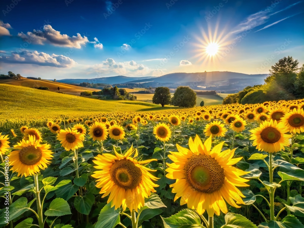 Fototapeta premium Stunning Architectural Photography of Vibrant Sunflowers in a Blooming Field Under Clear Blue Skies, Showcasing Nature's Beauty and Tranquility in Full Bloom