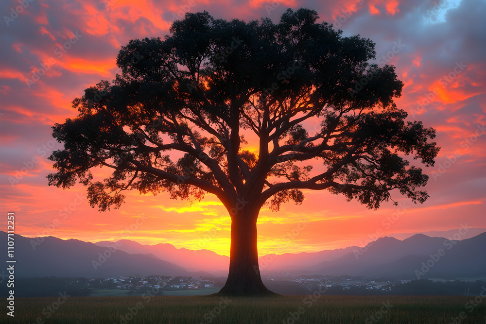 Majestic tree silhouetted against a vibrant sunset over a tranquil valley. Majestic tree silhouetted against a vibrant sunset over a tranquil valley.
