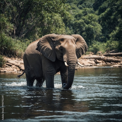 Sketch an elephant playing in a river.

