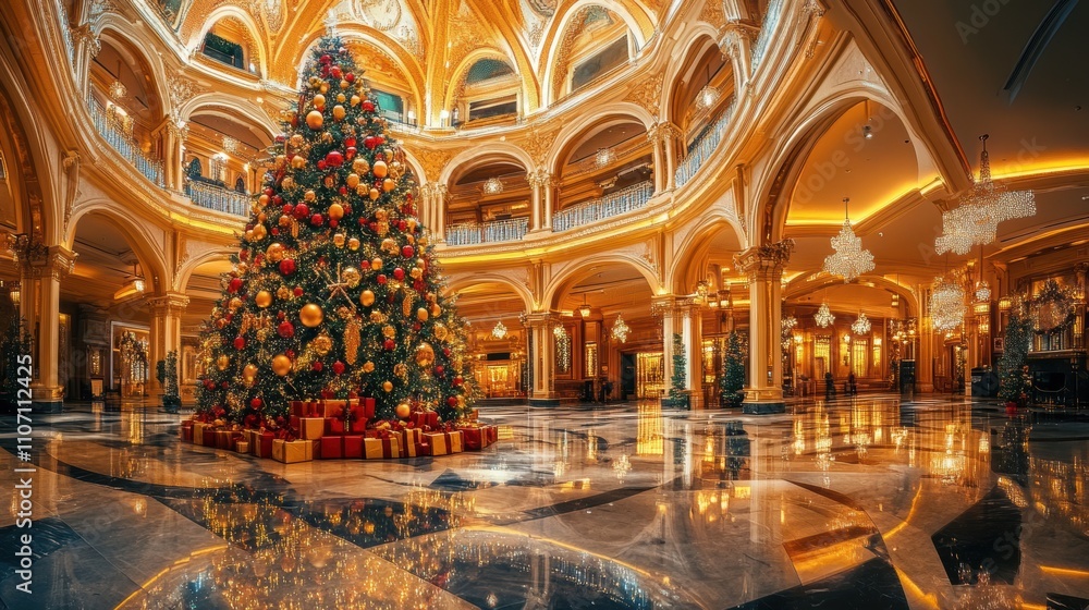 Obraz premium Majestic Christmas Tree in Opulent Lobby Surrounded by Elegant Decor and Glowing Lights, Capturing the Spirit of the Holiday Season in a Grand Setting