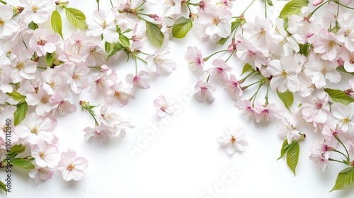 Cherry blossoms in soft pinks and green leaves create a serene springtime scene on white.