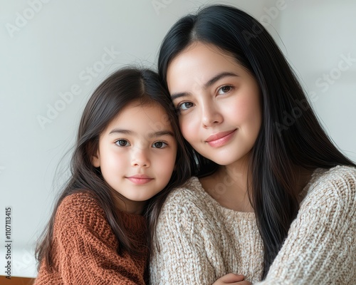 family care values Concept. A mother and daughter share a warm embrace, both wearing cozy sweaters, against a soft background.