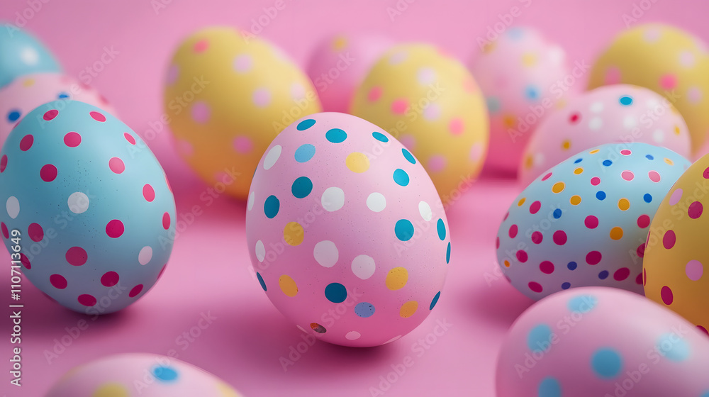 Colorful Polka Dot Easter Eggs on Pink Background Colorful Polka Dot Easter Eggs on Pink Background