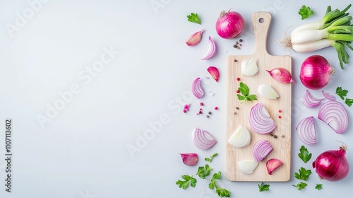 Fresh Onions and Green Onions Elements on Wooden Cutting Board